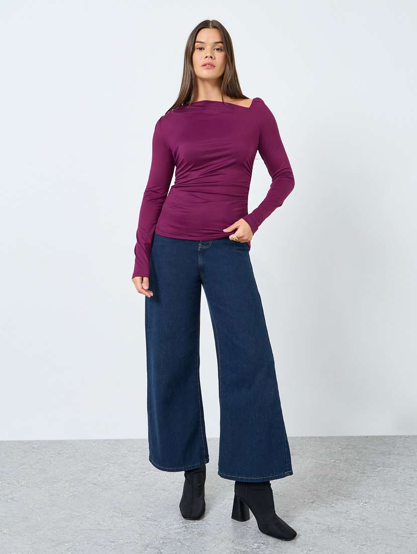 women solid asymmetric neck long sleeve top - 22287868 -  Standard Image - 3