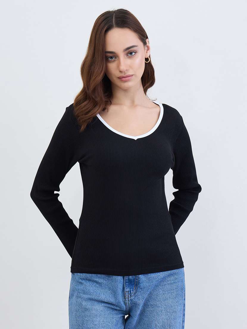 women solid long sleeve straight top