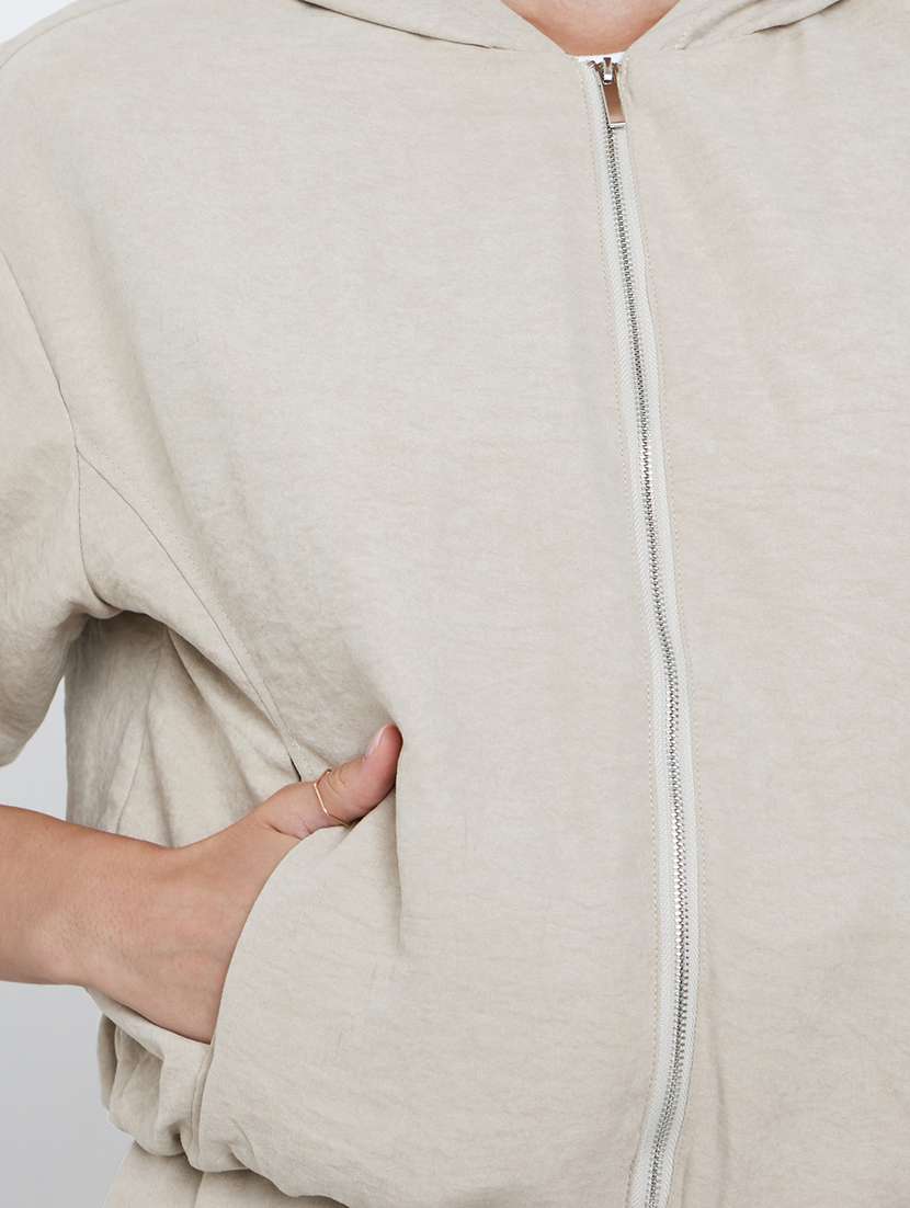 women solid long sleeve hooded crop jacket - 22287880 -  Standard Image - 5