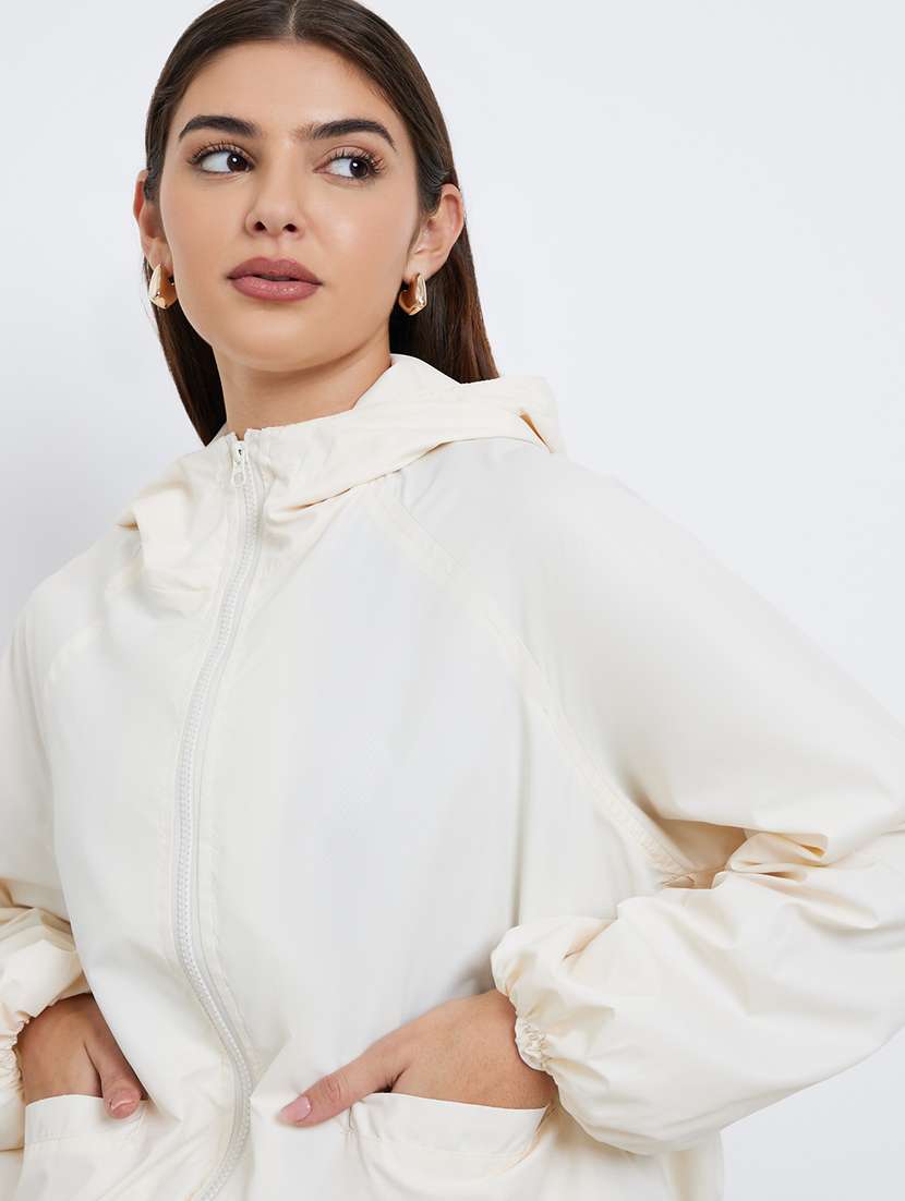 women solid long sleeve hooded windcheater jacket