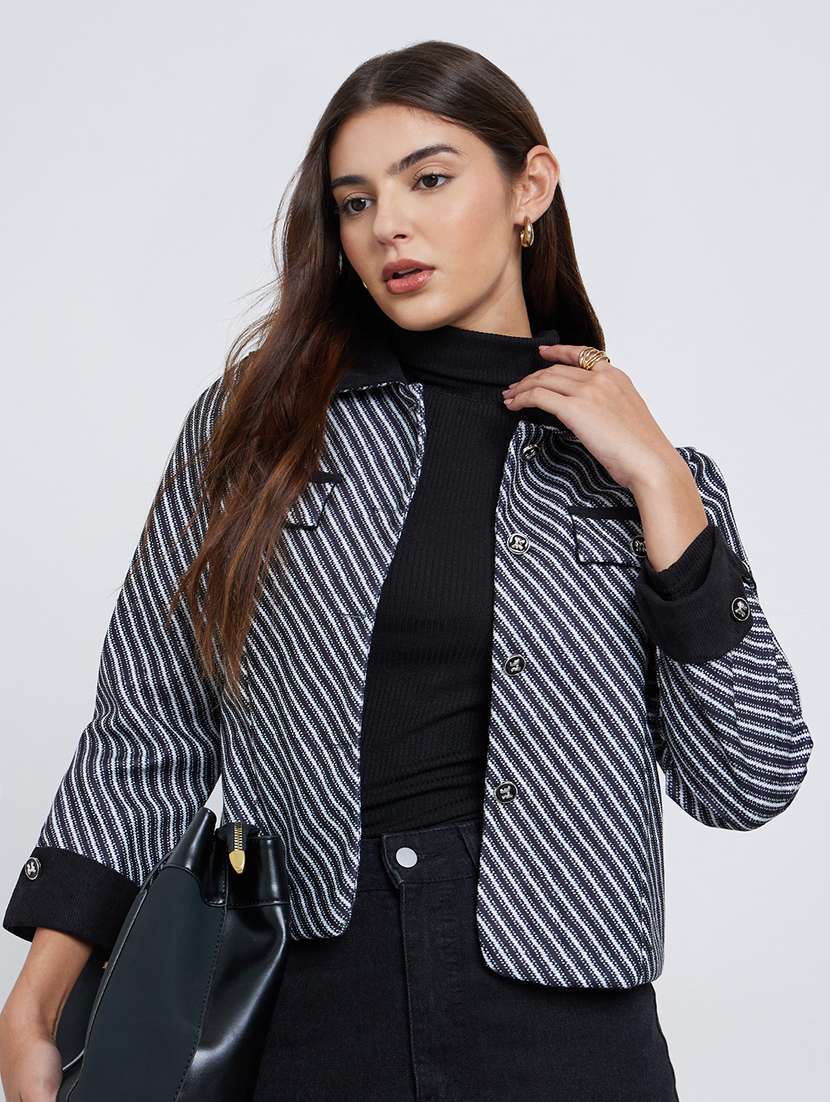women striped collared long sleeve regular jacket