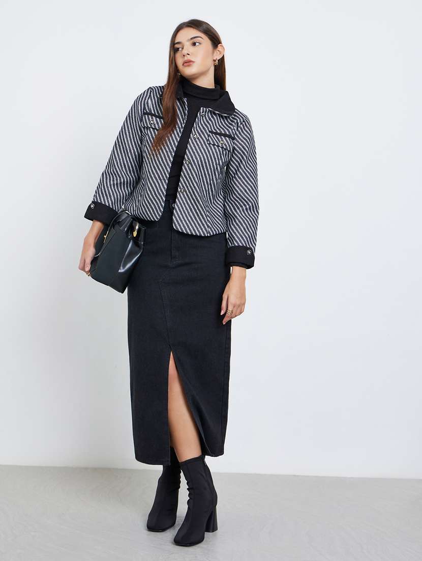 women striped collared long sleeve regular jacket - 22287885 -  Standard Image - 3