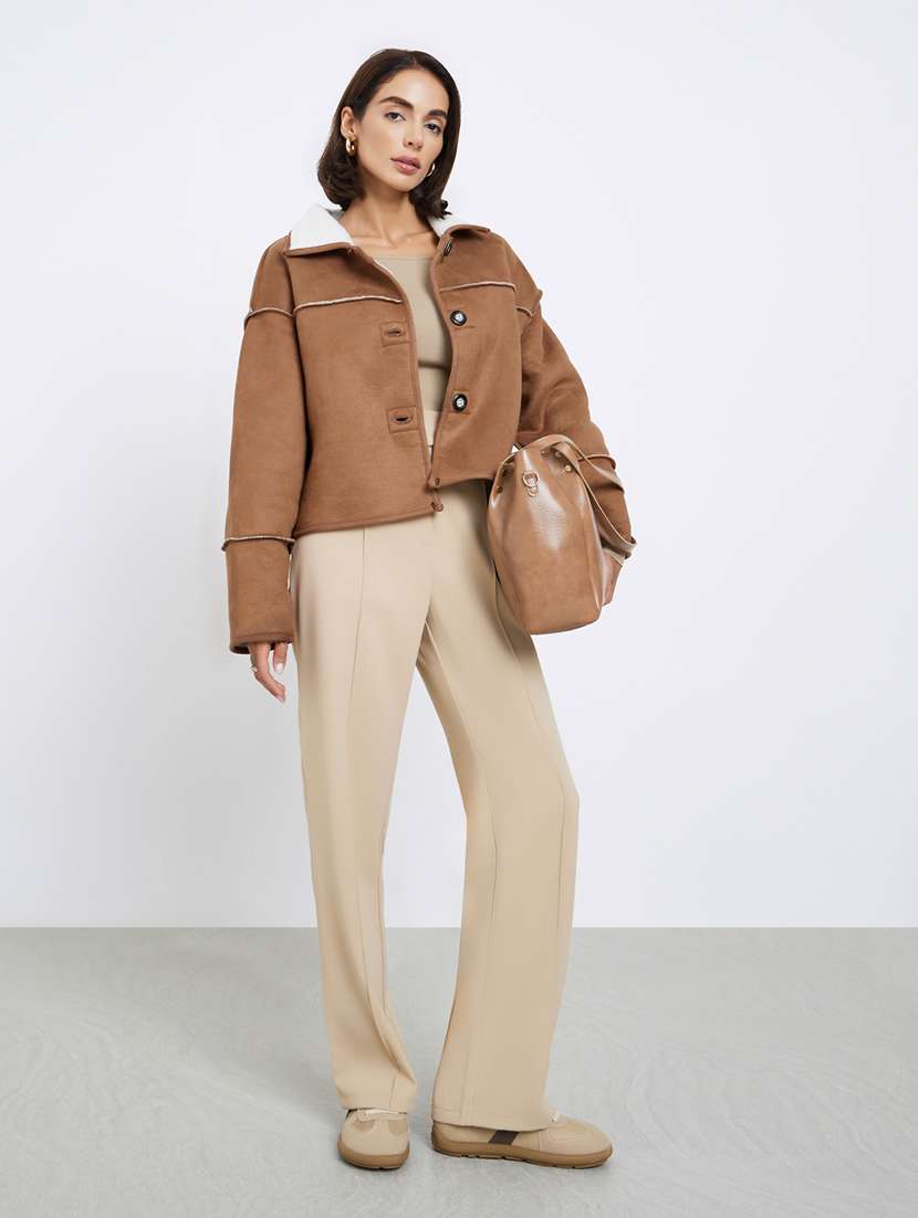 women solid collared long sleeve jacket - 22287967 -  Standard Image - 3