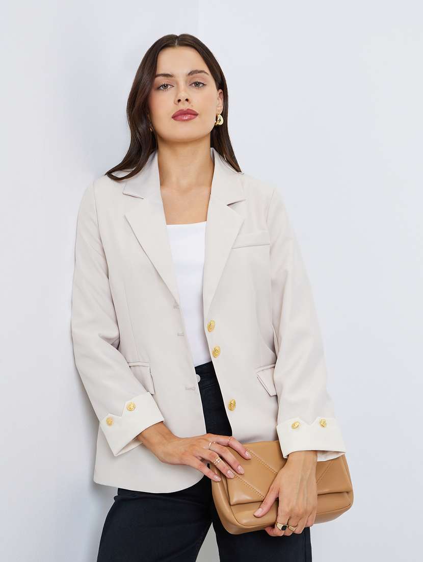 women solid lapel neck long sleeve blazer