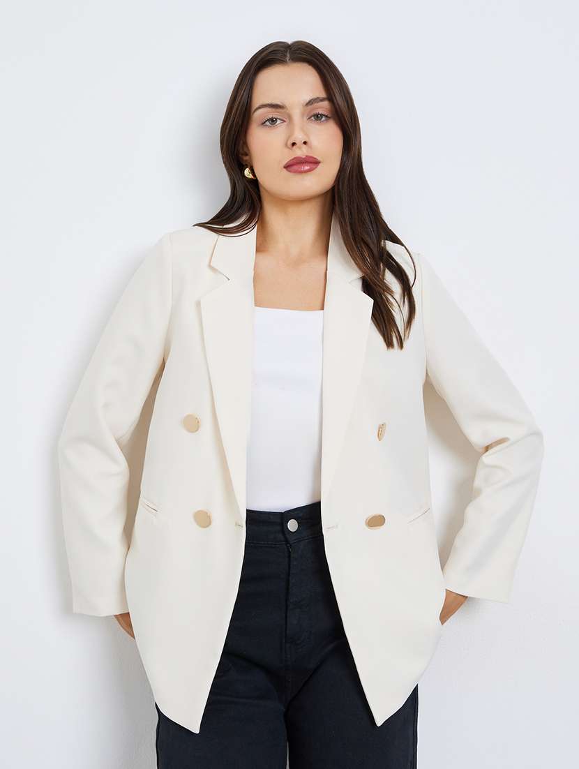 women solid lapel neck long sleeve blazer