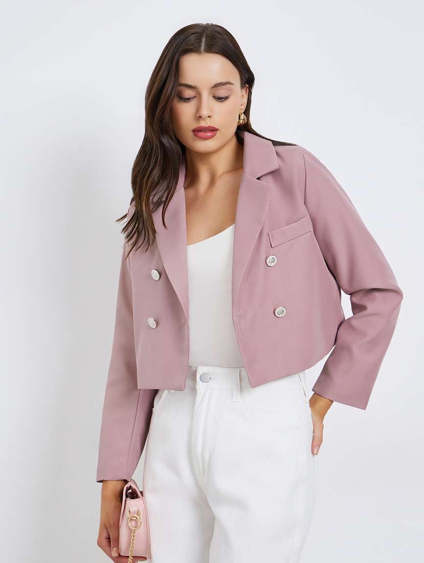 women solid long sleeve double breasted blazer