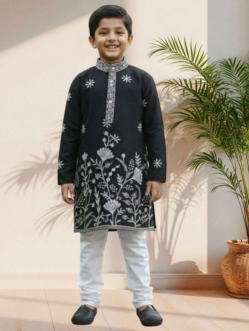 boys embroidered long sleeve kurta and pyjama set