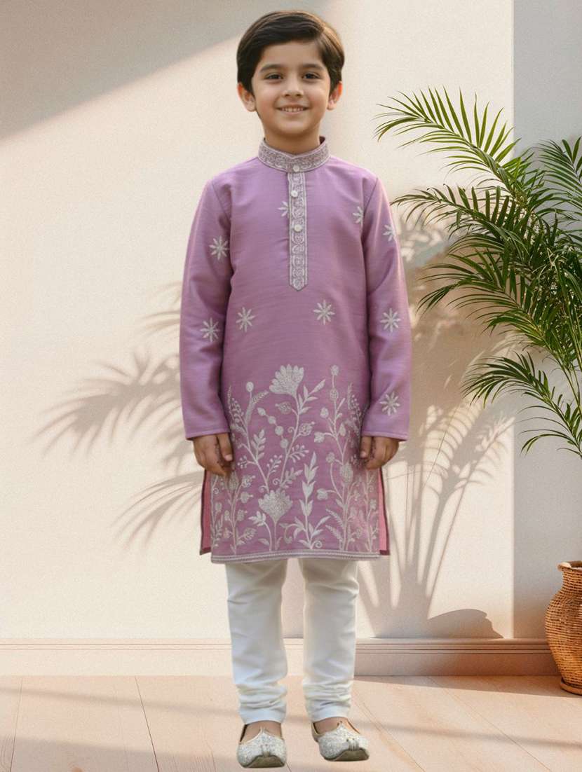 boys embroidered long sleeve kurta and pyjama set