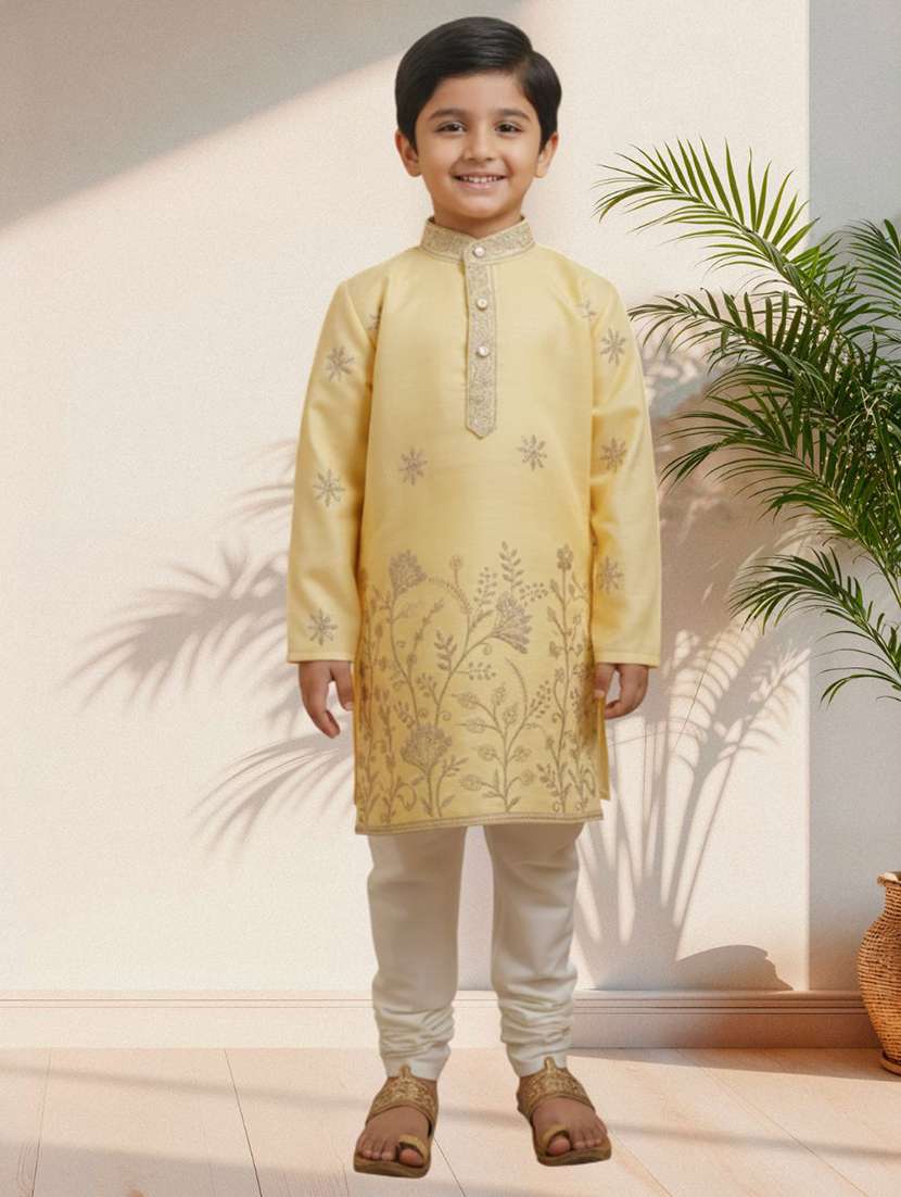boys embroidered long sleeve kurta and pyjama set