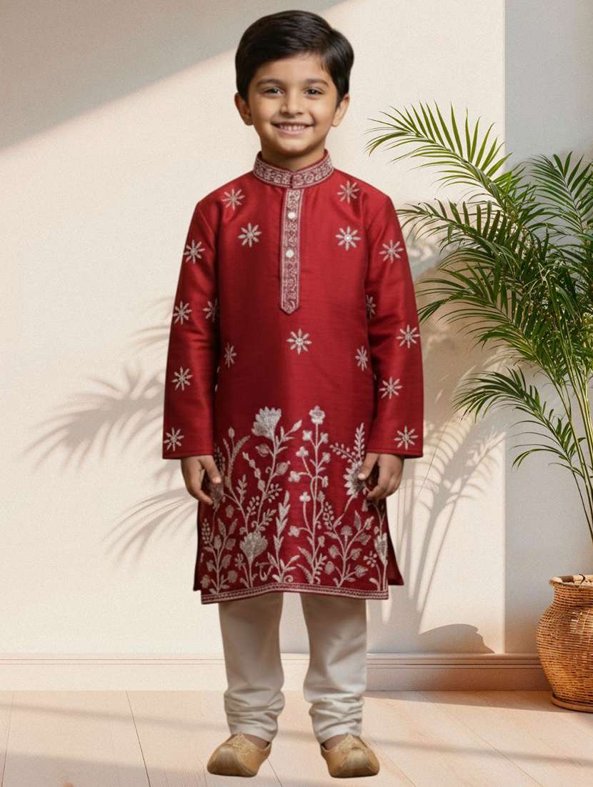boys embroidered long sleeve kurta and pyjama set