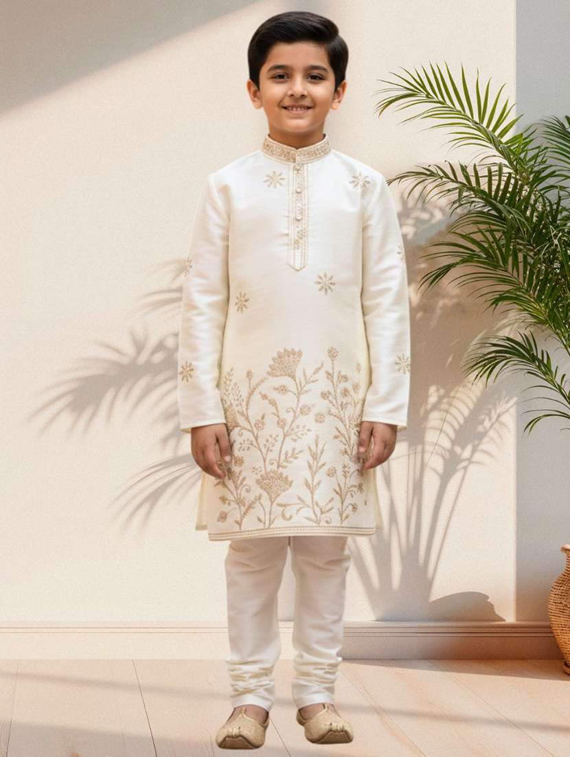 boys embroidered long sleeve kurta and pyjama set