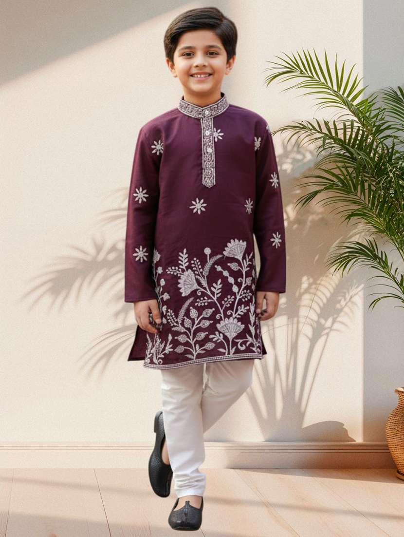 boys embroidered long sleeve kurta and pyjama set