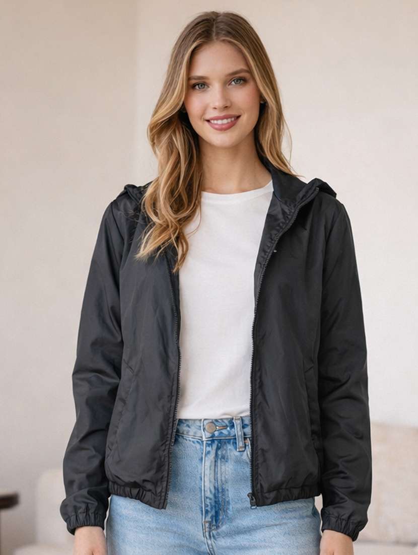 women solid long sleeve hooded windcheater jacket