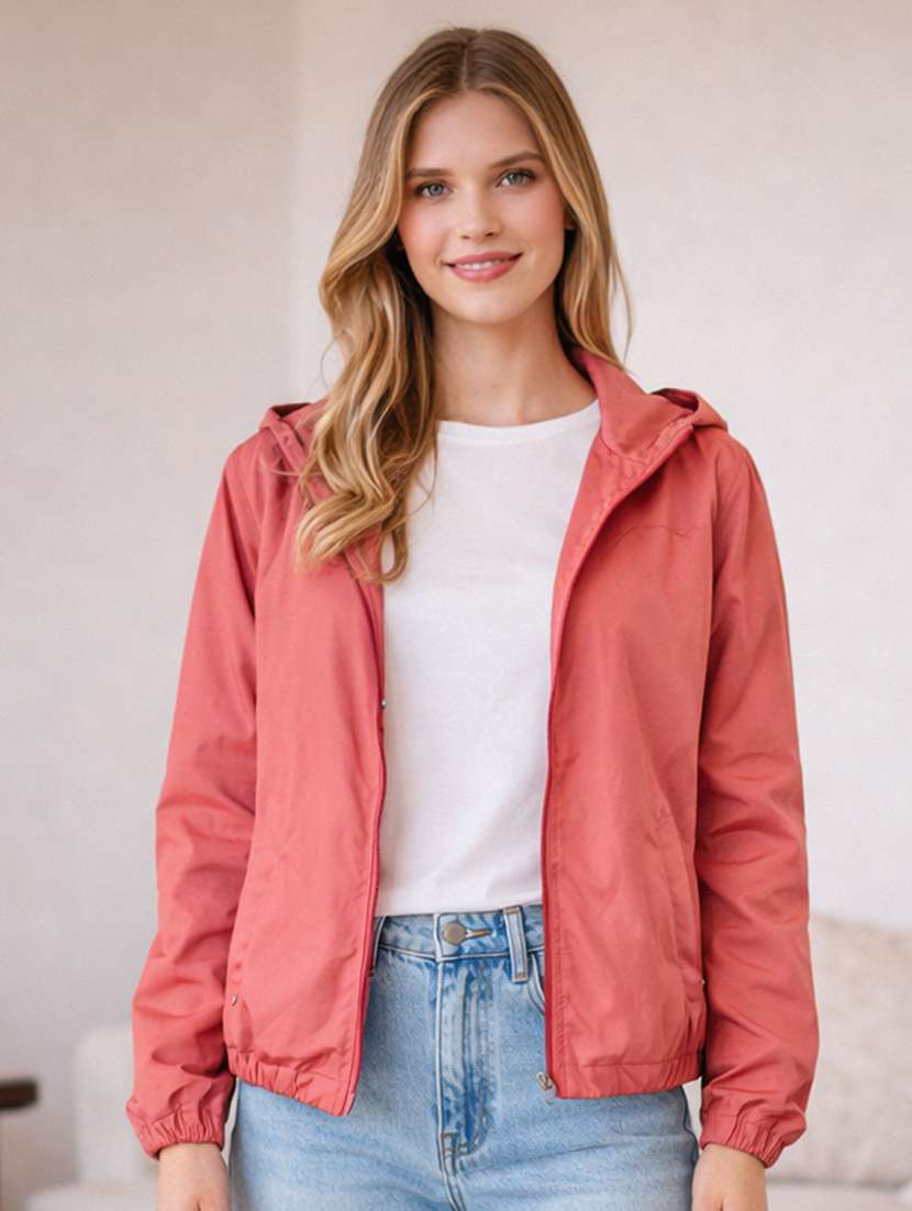 women solid long sleeve hooded windcheater jacket