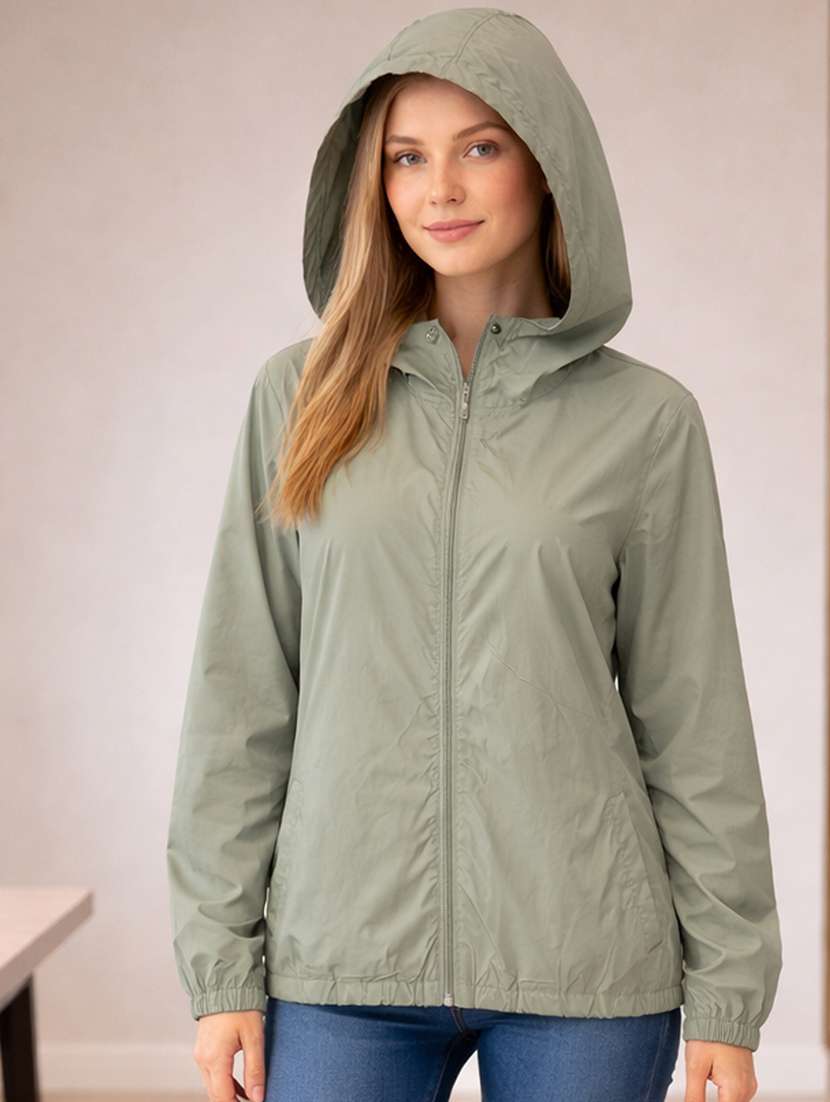 women solid long sleeve hooded windcheater jacket