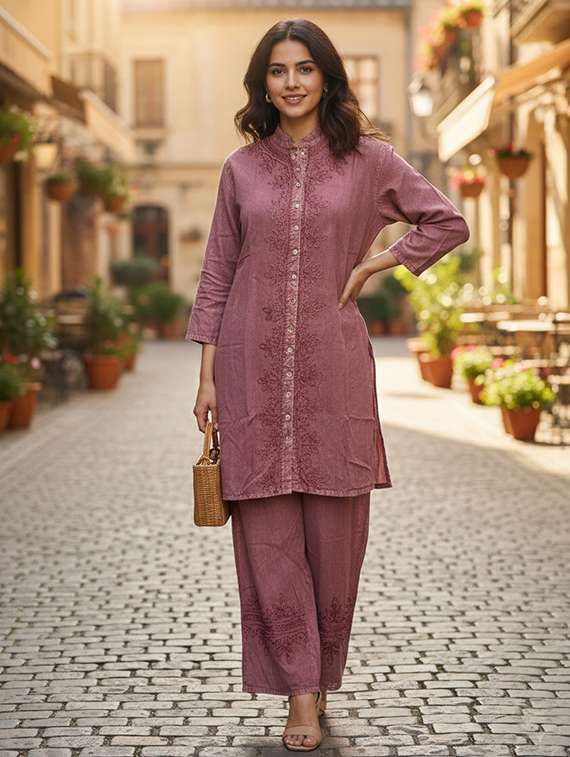 women embroidered three quarter sleeve co-ord set
