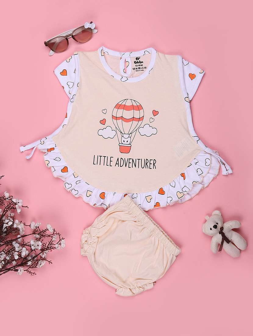 girls printed round neck frock with bloomer
