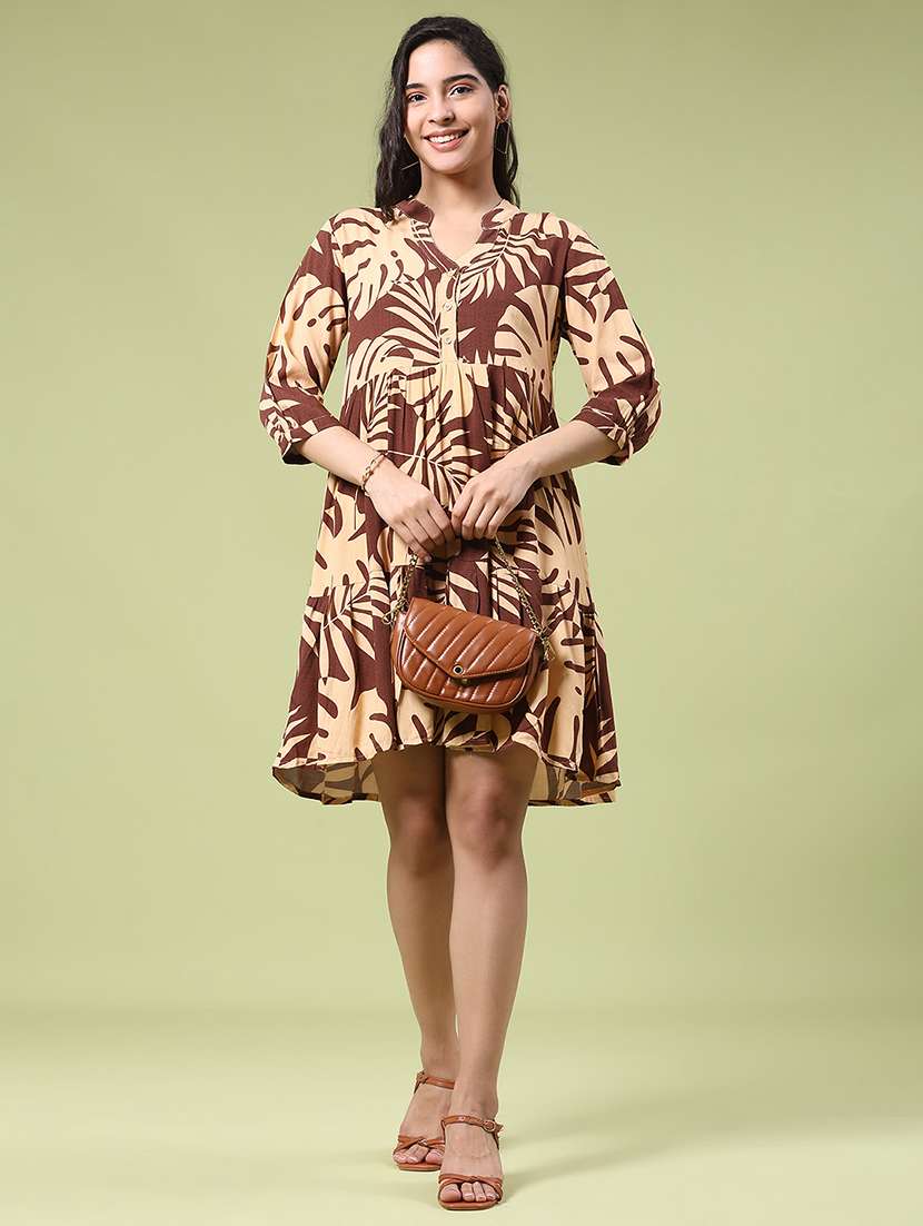 women printed three quarter sleeve tiered dress