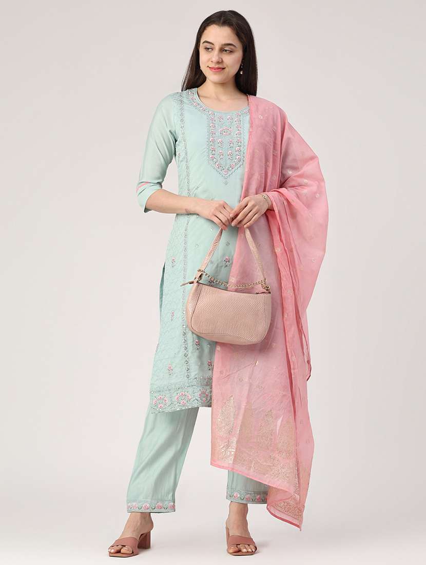 women three quarter sleeve kurta pant with dupatta set