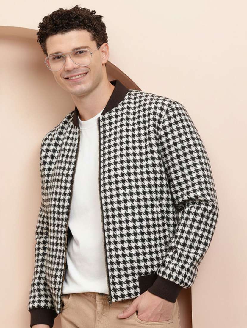 men houndstooth print long sleeve bomber jacket