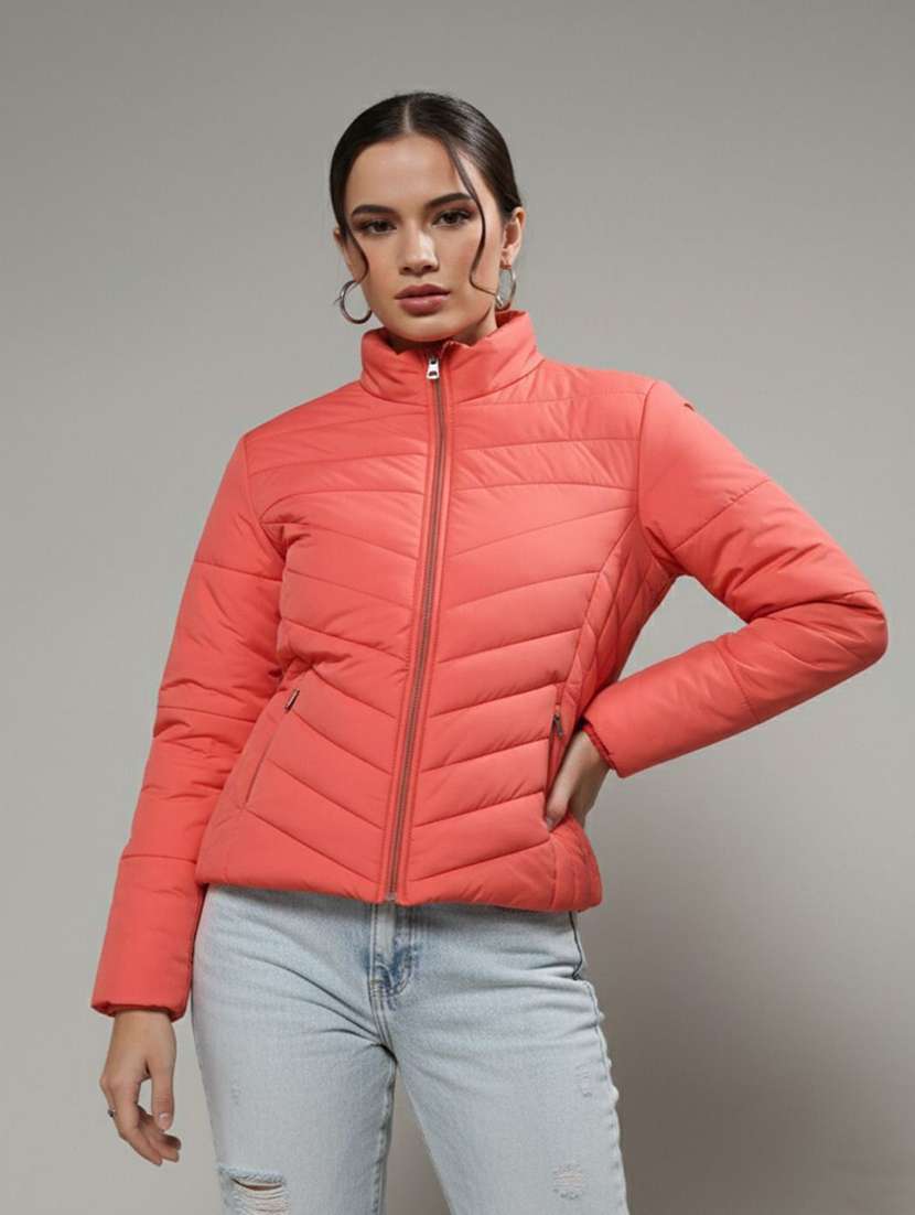women solid long sleeve quilted jacket