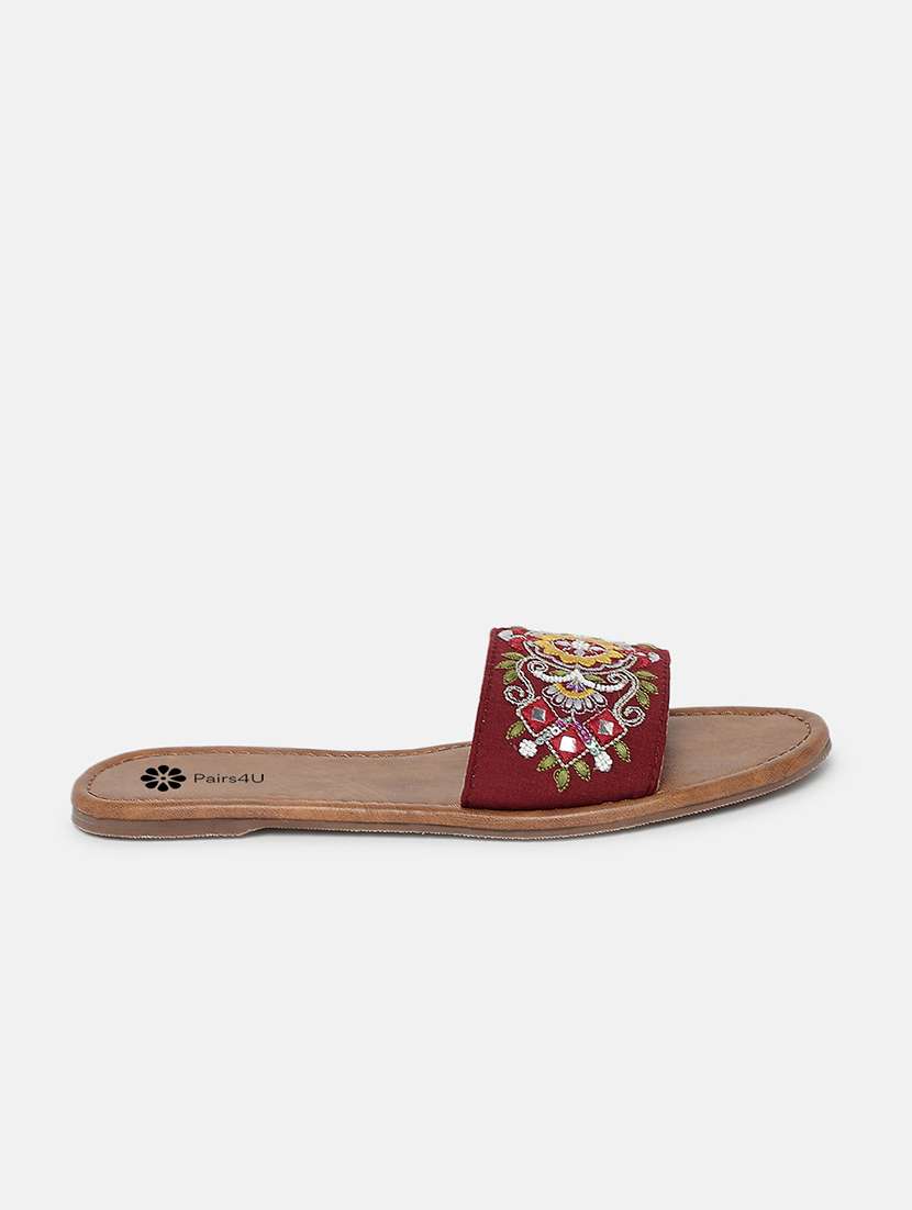 women maroon embroiderd slip on flats - 22288678 -  Standard Image - 3