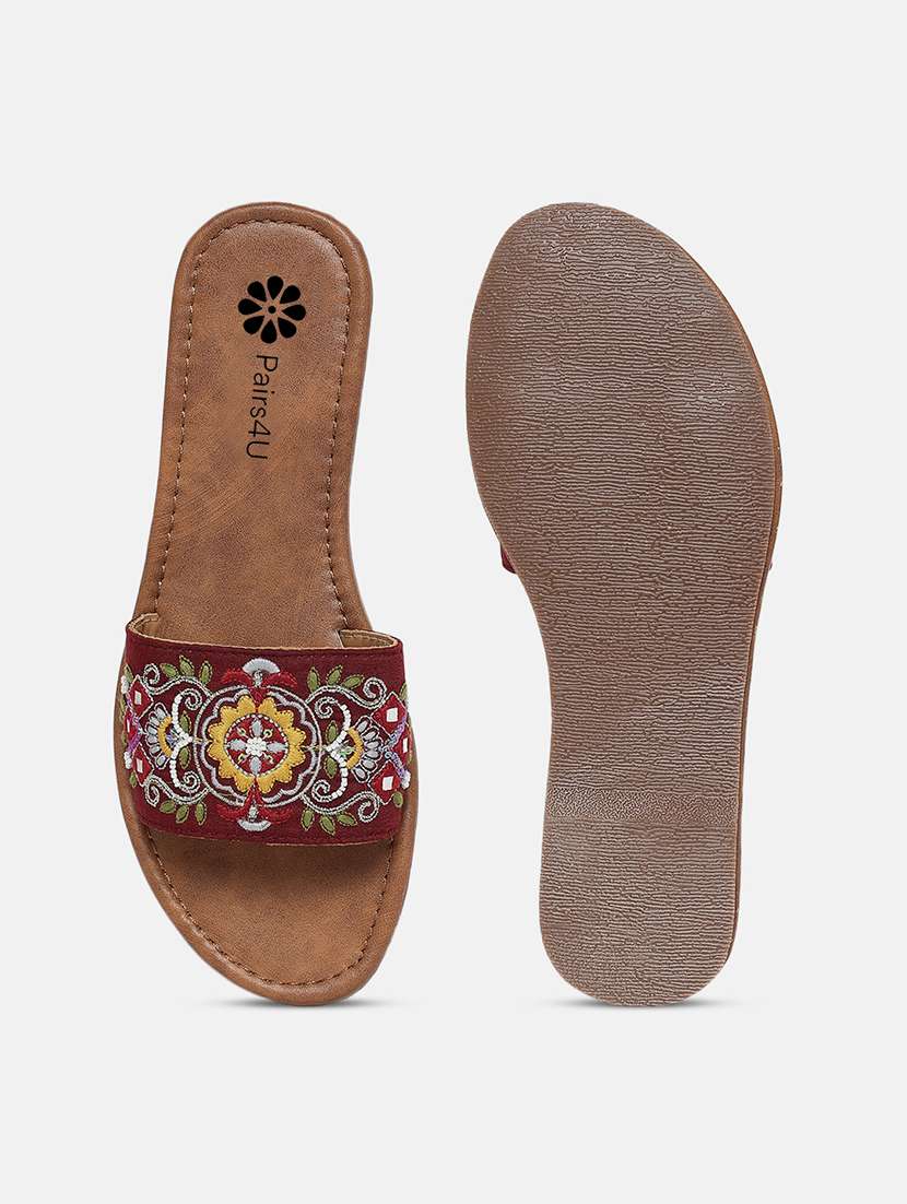 women maroon embroiderd slip on flats - 22288678 -  Standard Image - 5