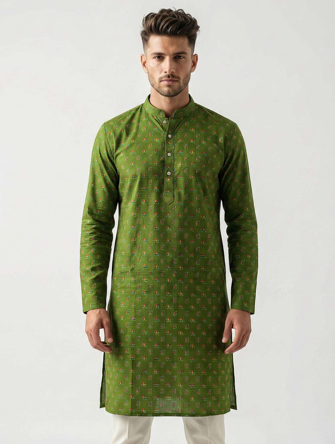 men printed mandarin neck long kurta