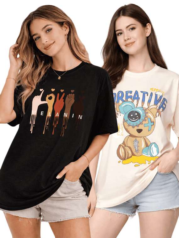 women pack of 2 printed short sleeve oversized t-shirt