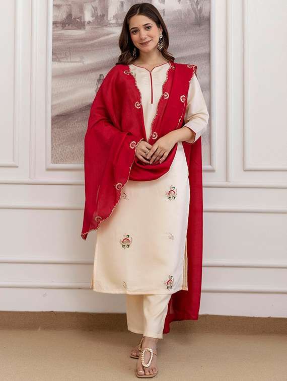 women solid with work three quarter sleeve kurta pant with dupatta set