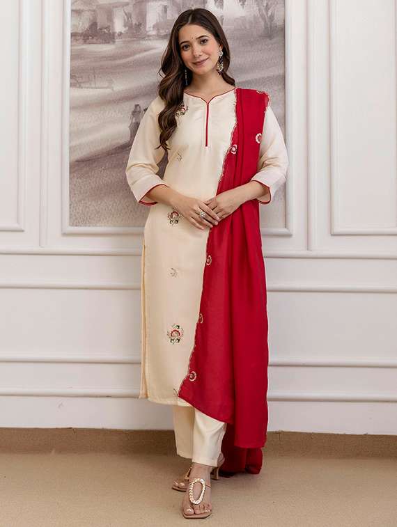 women solid with work three quarter sleeve kurta pant with dupatta set - 22288744 -  Standard Image - 3