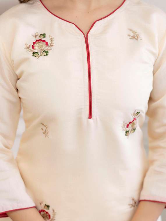 women solid with work three quarter sleeve kurta pant with dupatta set - 22288744 -  Standard Image - 5