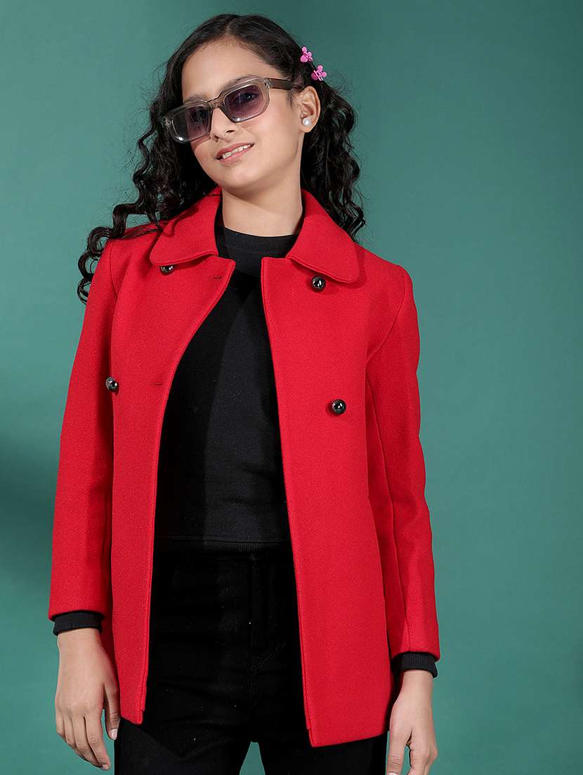 girls solid collared long sleeve coat