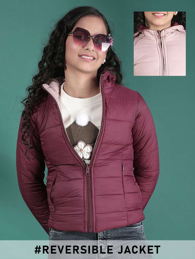 girls solid long sleeve hooded reversible quilted jacket