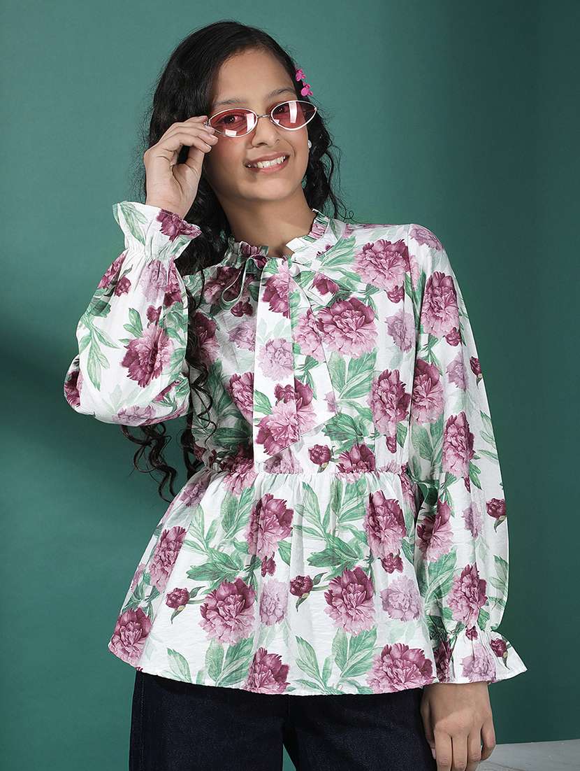 girls floral print puff sleeve peplum top
