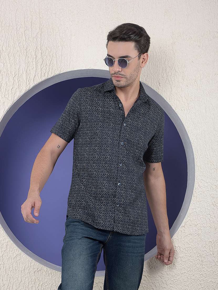 men printed short sleeve slim fit casual shirt