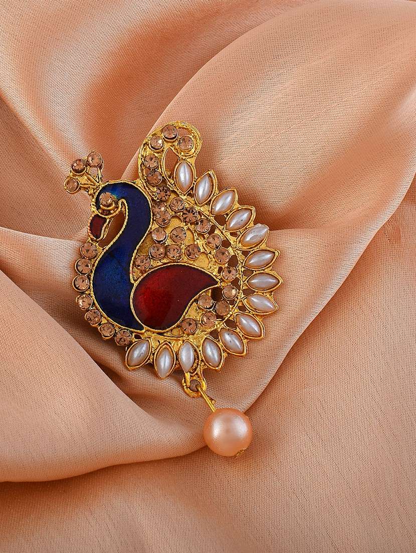 brass gold plated pearl cz shaped sareepin brooch