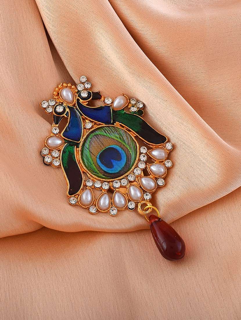 brass gold pearl cz peacock shaped sareepin brooch lapel pin