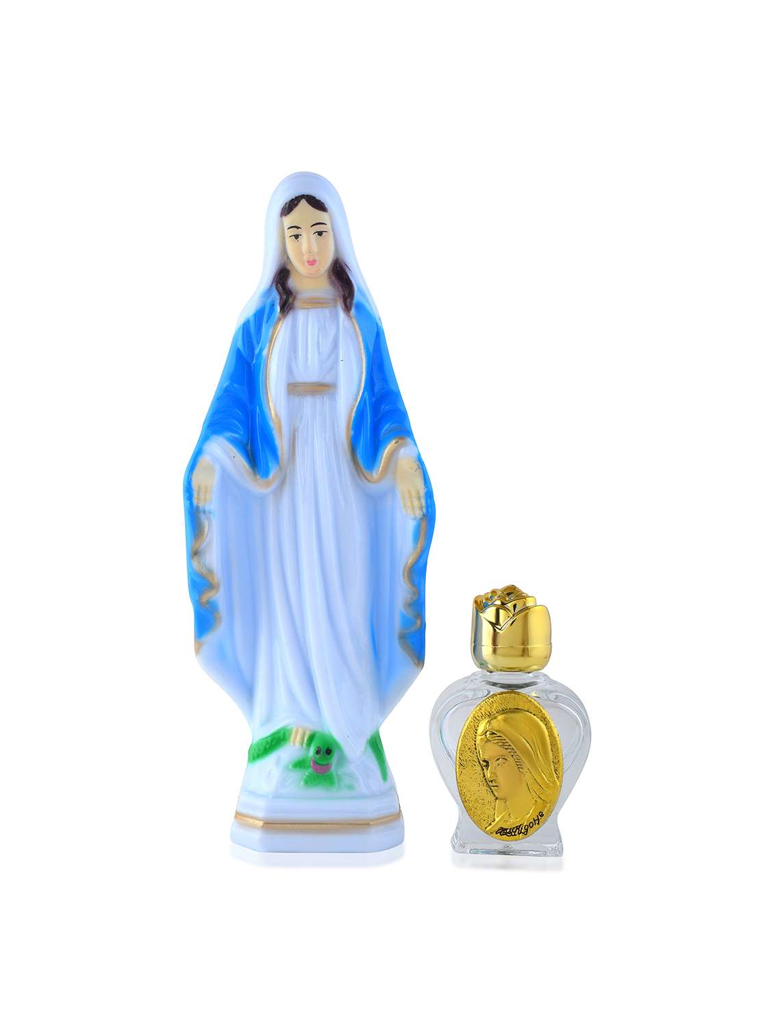 polyresin mother mary with crystal holy water bottle
