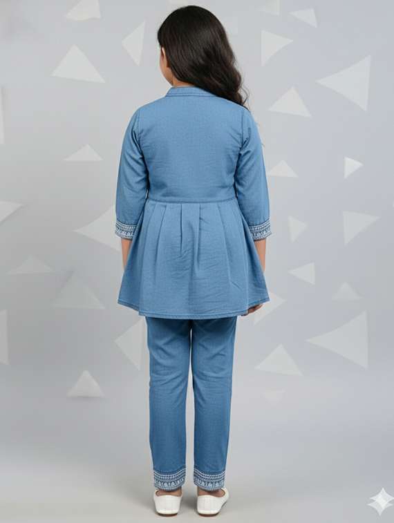 girls solid denim top & trouser co-ord set - 22289307 -  Standard Image - 3