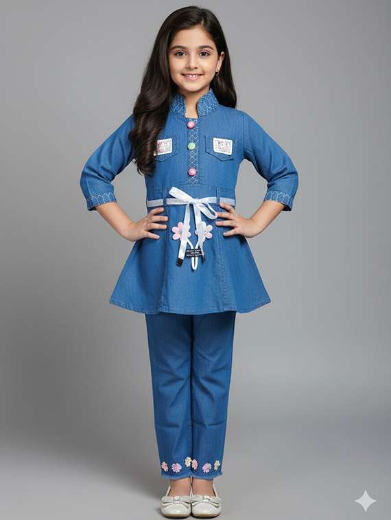 girls solid denim top & trouser co-ord set