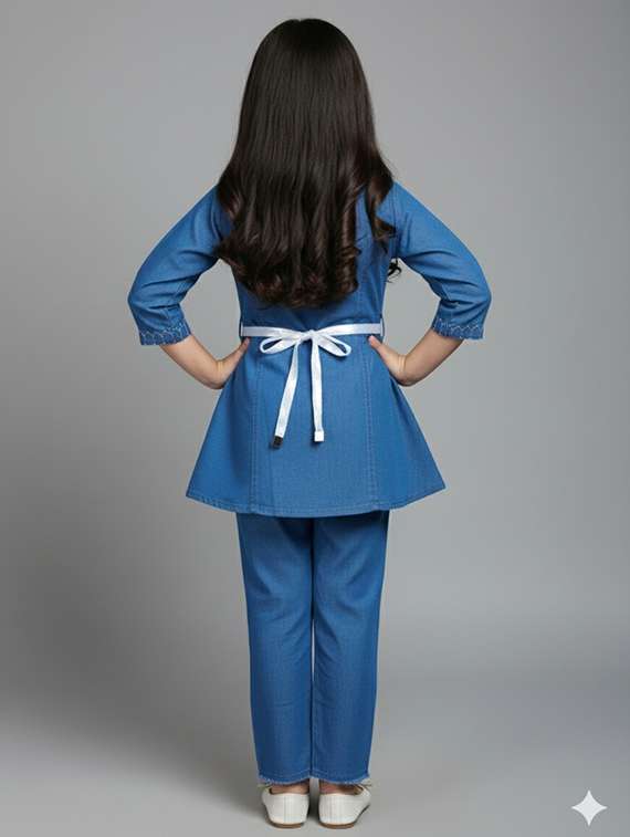 girls solid denim top & trouser co-ord set - 22289308 -  Standard Image - 3