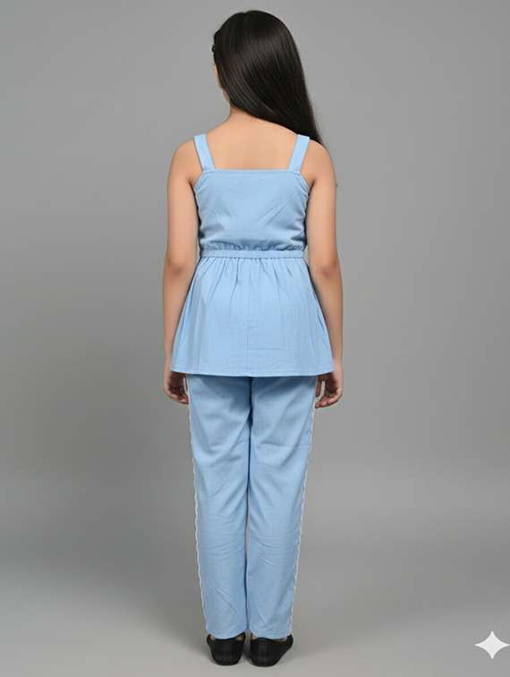 girls solid denim top & trouser co-ord set - 22289309 -  Standard Image - 3