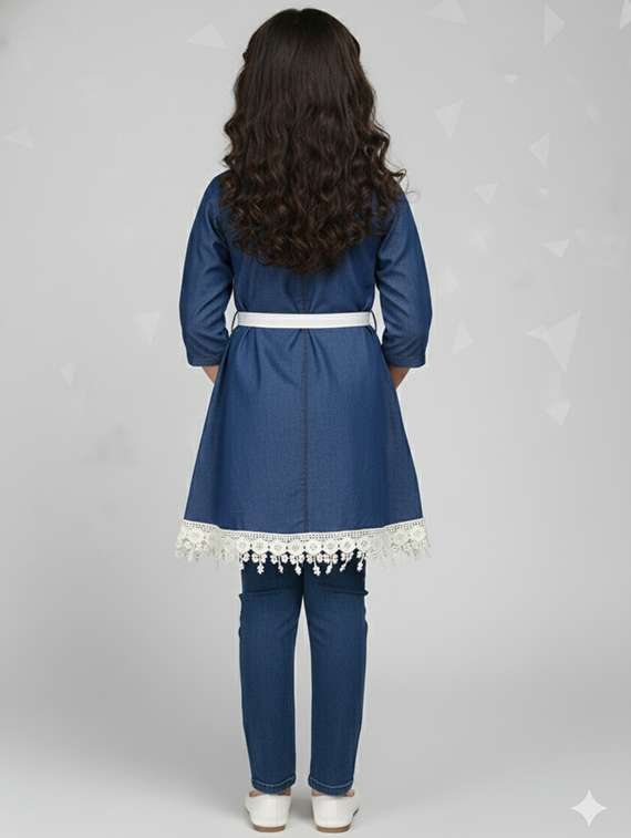 girls solid denim top & trouser co-ord set - 22289311 -  Standard Image - 3