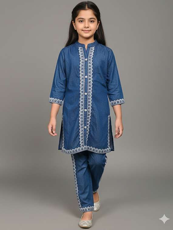 girls solid three quarter sleeve ethnic co-ord set