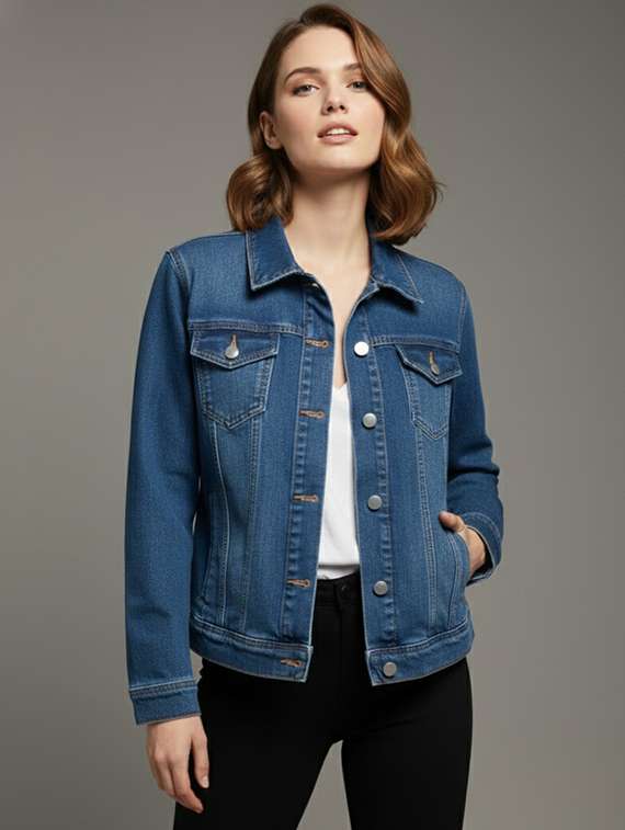women solid collared long sleeve denim jacket