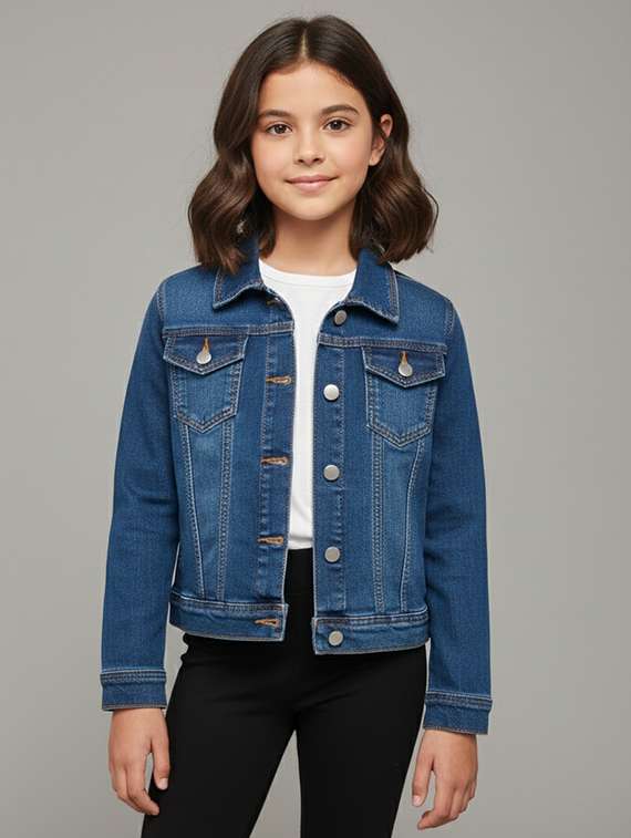 girls solid collared long sleeve denim jacket