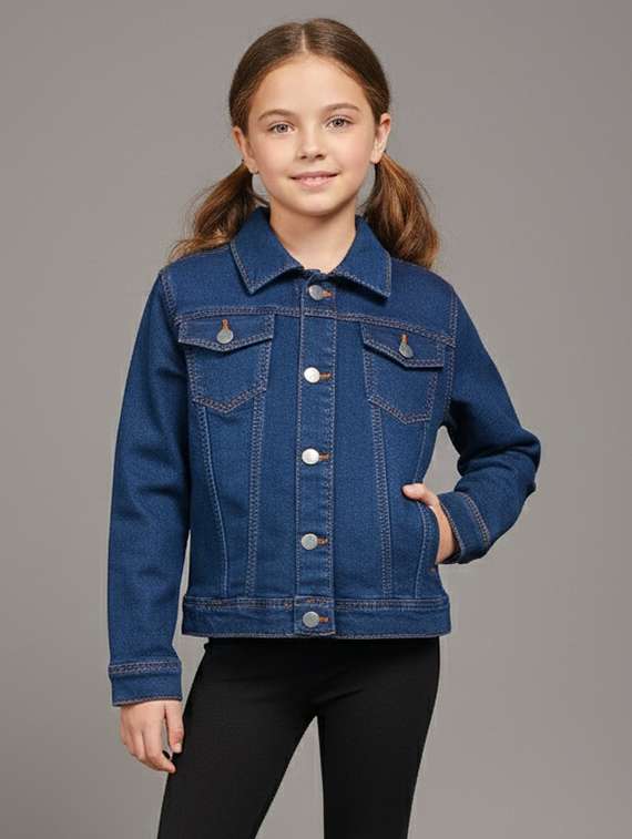 girls solid collared long sleeve denim jacket