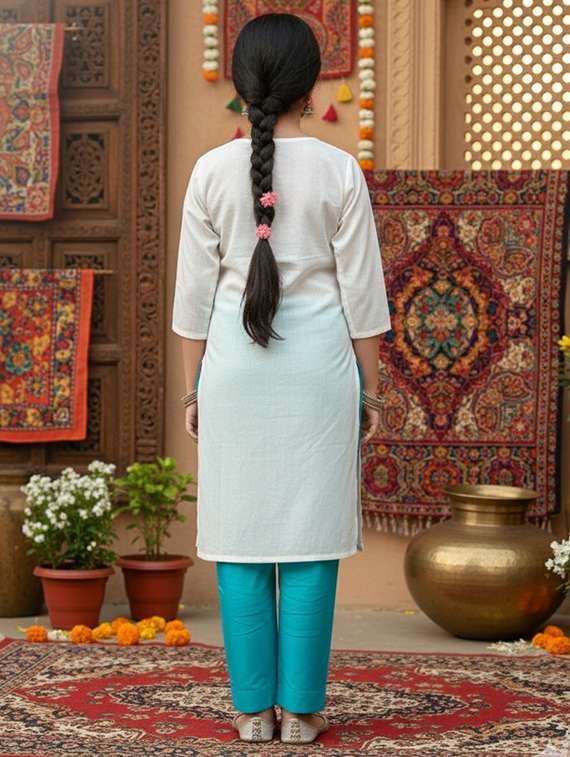 Girls Three Quarter Sleeve Straight Kurta - 22289323 -  Standard Image - 3