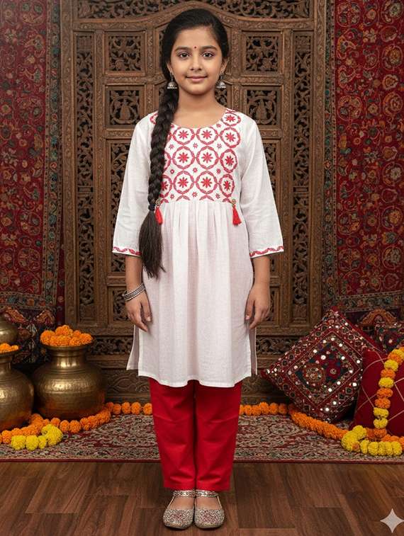 women embroidered three quarter sleeve kurta